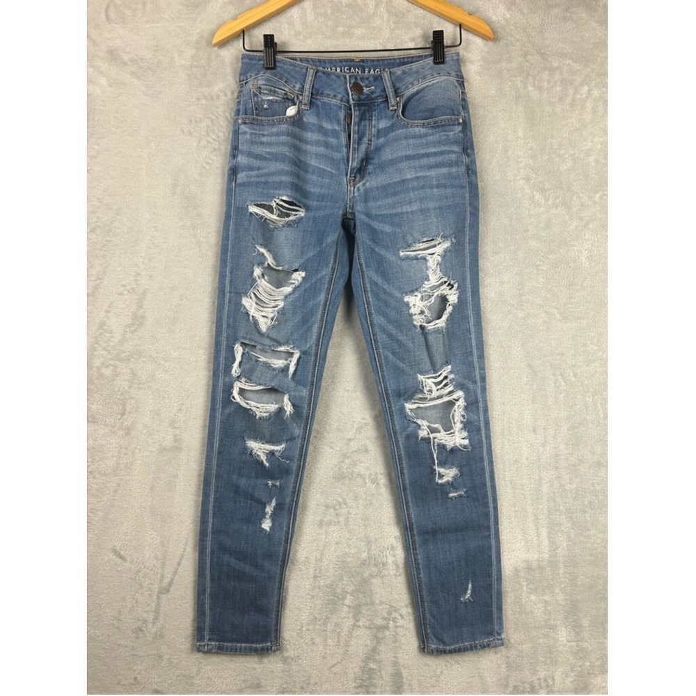 American Eagle Tomgirl Distressed Jeans 00 Regular Blue‎ Button Fly Tapered